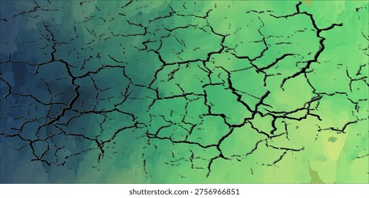 Aerial View Of Cracked Earth Texture In Drought Landscape With Green Gradient Abstract Background