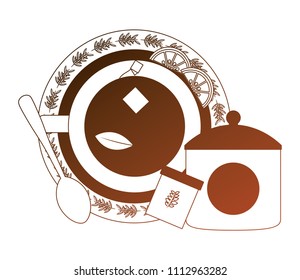 aerial view delicious herbs tea cup with pot and spoon