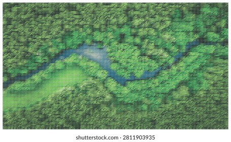 Aerial view of dense green forest featuring winding river stream flowing through woodland landscape. Vector illustration of natural wilderness scenery.