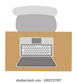 aerial view of desk with laptop computer and chair office