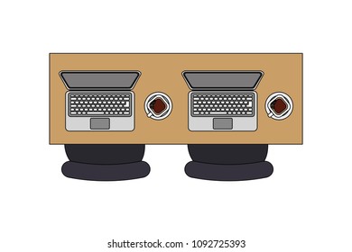 aerial view of desk with laptops computer and chairs office