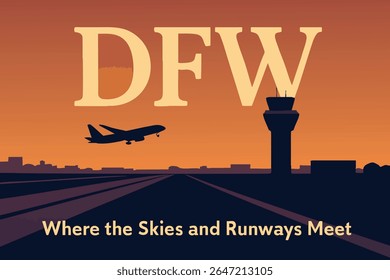 An aerial view of DFW Airport showcases the vast expanse of runways and terminals, with the surrounding skies offering a dramatic backdrop 