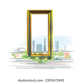 Aerial view of Dubai Frame, Downtown skyline, United Arab Emirates or UAE. Financial district and business area in smart urban city. Skyscraper and high-rise buildings. of the world's largest frame ma