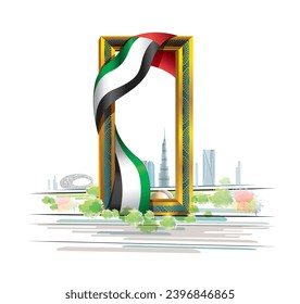 Luftbild von Dubai Frame mit Flagge. Skyline im Stadtzentrum, Vereinigte Arabische Emirate oder VAE. Wolkenkratzer und Hochhäuser. 