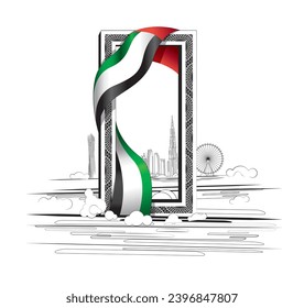 Aerial view of Dubai Frame with flag. Downtown skyline, United Arab Emirates or UAE.Skyscraper and high-rise buildings. 