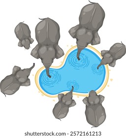Aerial view of elephants drinking from a pond