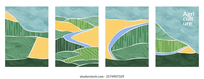 Aerial view of field with agriculture pattern, rice, wheat, tea farm. Watercolor background of green hill, river, abstract texture, pastel tone, spring card, poster design, landscape backdrop layout