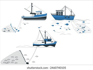 Aerial view fisherman catching fish using net at the ocean. Fishing boat dragging a net through the water of the Waddensea, Seiner hunting fish. Concept of industry ship in working process. 2539