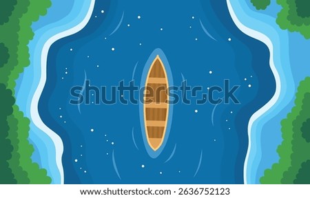 Aerial View of Floating Boat Centered in Vast Blue Water Ocean Lake 