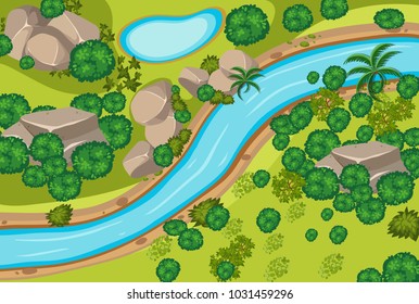 Aerial View Of Forest And River Illustration