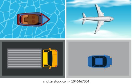 Vista aérea de cuatro diferentes ilustraciones de transporte