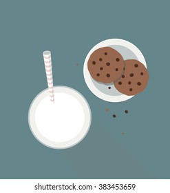 Aerial view of the glass of milk with the striped pink straw and a plate with two cookies. Modern vector illustration of the simple flat objects isolated on the blue background.
Big copy space.