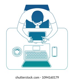 aerial view of graphic designer working with computer
