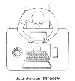 aerial view of graphic designer working with computer
