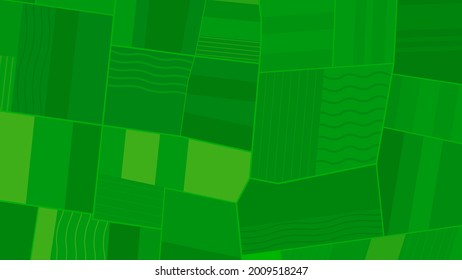 Aerial view of green fields in farmland. Green fields, meadows from birds eye view. Geometric patches of earth in different shades of green. Concept of agriculture. Vector background illustration