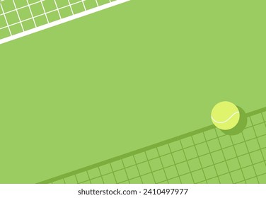 Aerial view of a green tennis court with a tennis ball and net. Outdoor sports and activities banner. Tournament game promotion background. Horizontal composition. Place for text.