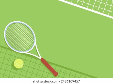 Aerial view of a green tennis court with a tennis ball, net and racket. Shade of tennis net. Outdoor sports and activities banner. Tournament game promotion background. Place for text.