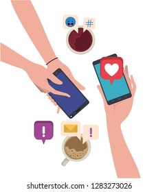 Aerial view of hands with smartphone character