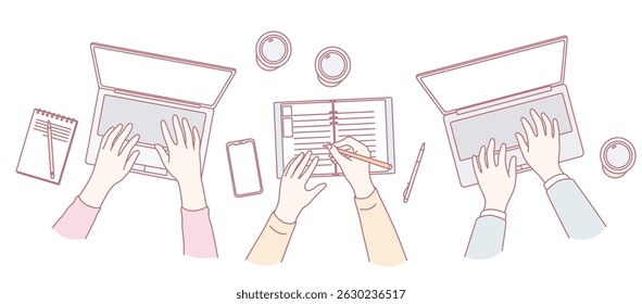 Vista Aéreas de las manos trabajando en portátiles y portátiles, perfecta para temas de productividad y trabajo en equipo.