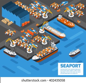 Aerial View Of Harbor Waterfront And Maritime Terminal With Container Ship Loading Isometric Poster Abstract Vector Illustration 