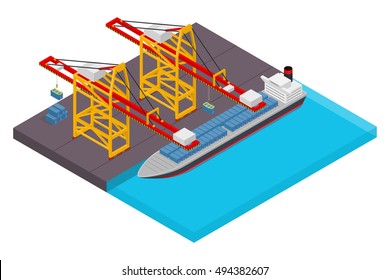 Aerial view of harbor waterfront and maritime terminal with container ship loading isometric poster abstract vector illustration