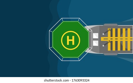 Aerial view of a helideck on a ship in the sea. Helicopter landing area, helipad on an offshore supply vessel, viewed from above. Air transport, Oil and gas industry maritime logistics concept.