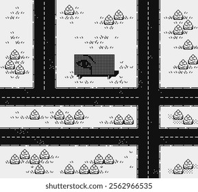 Aerial view of highway road remote area, pixel art background, retro style. 8-bit. Game assets. Vector illustration.