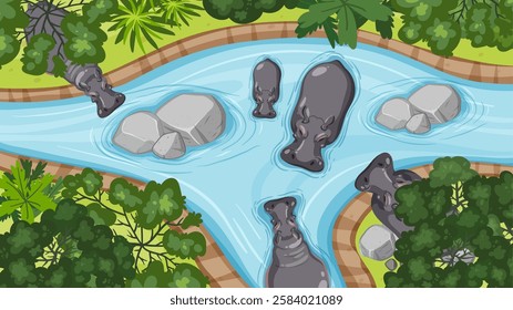 Aerial view of hippos in a lush river