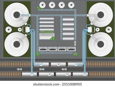 Terminal de aceite de Industrial de vista Aéreas. Ferrocarril con vagón, vagón. Almacenamiento de combustible, logística, transporte, envío y entrega de petróleo. Contenedor de torre. Negocio de GNL. Ilustración vectorial.