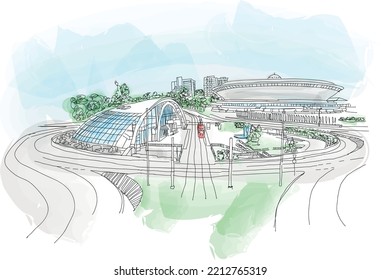 Aerial view of Katowice city center with saucer, sport and entertainment venue, international conference center and blocks of flats. Vector illustration