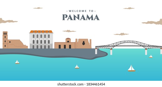 Paisaje de vista aérea del moderno horizonte de la ciudad de Panamá. Panamá con famosos edificios de colores. Un lugar ideal para unas vacaciones turísticas. Concepto de viajes de negocios y turismo. Ilustración vectorial.