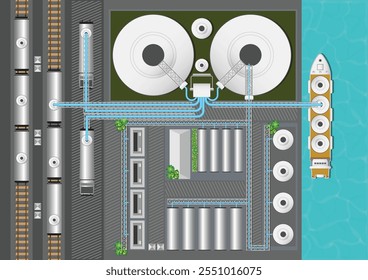 Vista Aéreas LNG Tanker cargando Gas Natural Licuado en la terminal comercial. Transporte de camiones, barcos y ferrocarriles. Tránsito de gas natural. Industria manufacturera de petróleo y gas, Ilustración vectorial.