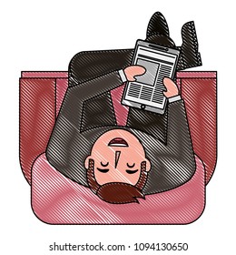 aerial view of man sitting with cross leg in sofa and tablet electronic device