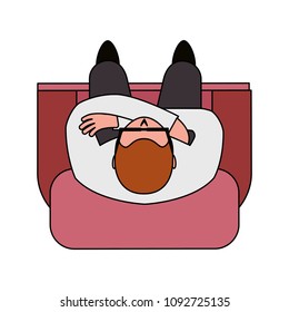 aerial view of man sitting in sofa with crossed hands