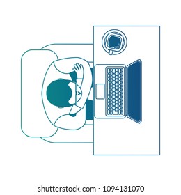 aerial view of man working with computer and cup coffee