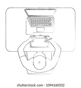 aerial view of man working with computer