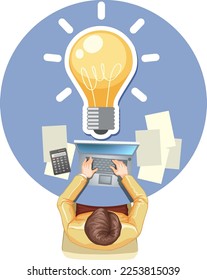 Aerial view of man working and light bulb illustration