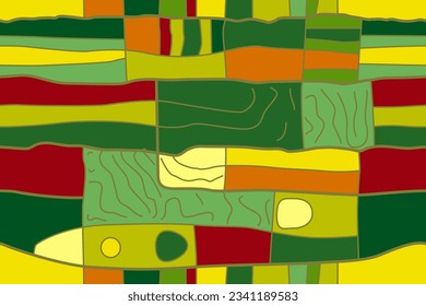 Aerial view of mosaic abstract farm fields. Perspective view of the agricultural landscape. Pattern of fields and paths between them. Growing wheat, soybeans, rapeseed, oats, barley and other crops.