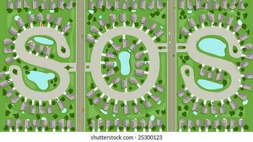 Aerial view of neighborhood streets that spells out "SOS"