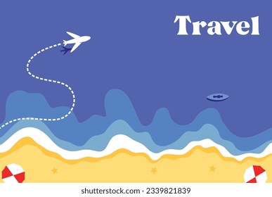 Aerial view of ocean waves. Beach, sand, airplane, sea shore with blue waves. Top view overhead seaside. Vector illustration.