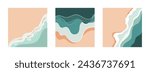 Aerial view of ocean waves reaching the coastline. Beach, sand, sea shore with blue waves. Top view overhead seaside. Vector illustrations. Travel. Summer background