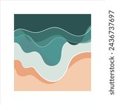 Aerial view of ocean waves reaching the coastline. Beach, sand, sea shore with blue waves. Top view overhead seaside. Vector illustrations. Travel. Summer background