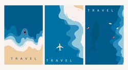Aerial View Of Ocean Waves Reaching The Coastline. Beach, Sand, Sea Shore With Blue Waves. Top View Overhead Seaside. Hand Drawn Vector Illustrations. Set Of Three Isolated Cards. Travel Concept