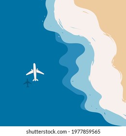 Aerial view of ocean waves reaching the coastline. White Plane silhouette and shadow on water. Beach, sand, sea shore with blue waves. Top view overhead seaside. Hand drawn Vector illustration