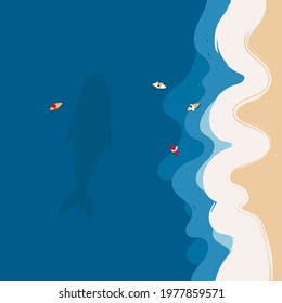 Aerial view of ocean waves reaching the coastline. Whale silhouette, people on kayaks. Beach, sand, sea shore with blue waves. Top view overhead seaside. Hand drawn Vector illustration