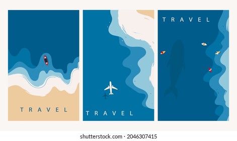 Aerial view ocean waves reaching the coastline  Beach  sand  sea shore and blue waves  Top view overhead seaside  Hand drawn Vector illustrations  Set three isolated cards  Travel concept