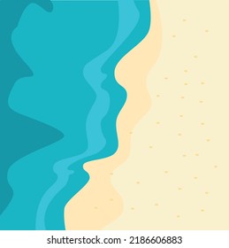 Aerial view of ocean waves reaching the coastline. Beach, sand, sea shore with blue waves. Top view overhead seaside. Hand drawn Vector illustrations.