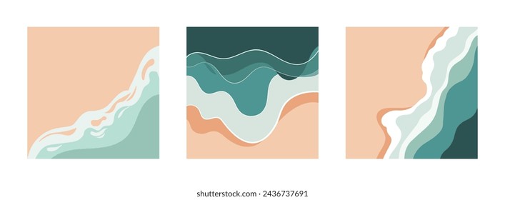 Aerial view of ocean waves reaching the coastline. Beach, sand, sea shore with blue waves. Top view overhead seaside. Vector illustrations. Travel. Summer background