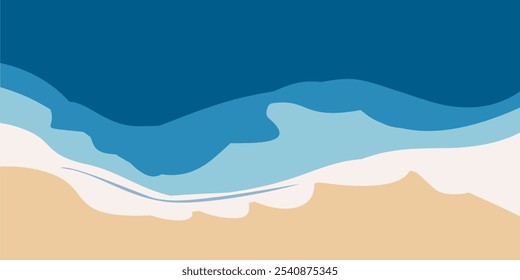 Vista aérea das ondas do oceano que atingem a costa. Praia, areia, mar com ondas azuis. Vista superior à beira-mar. Ilustrações de vetor desenhadas à mão. Conjunto de três placas isoladas.