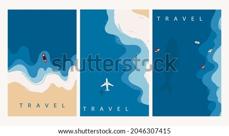 Aerial view of ocean waves reaching the coastline. Beach, sand, sea shore with blue waves. Top view overhead seaside. Hand drawn Vector illustrations. Set of three isolated cards. Travel concept